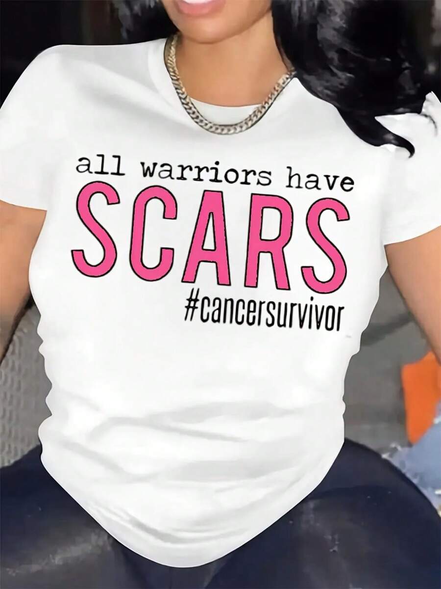Warriors Have Scars T-Shirt, Cancer Survivor T-Shirt, Breast Cancer T-Shirt, Women's T-Shirt, Graphic T-Shirt, Ink And Quote T-Shirt, Women's Plus Size T-Shirt. - 白色 - 查看 1