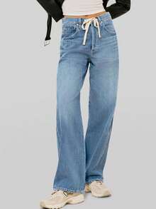 PLNOTME Womens Baggy Wide Leg Jeans Boyfriend Drawstring High Waisted Mom Pants With Pockets