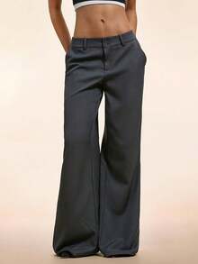 CharmGlow Simple Deep Gray Straight Leg High-Waisted Wide-Leg Women's Trousers - 灰色 - 查看 5