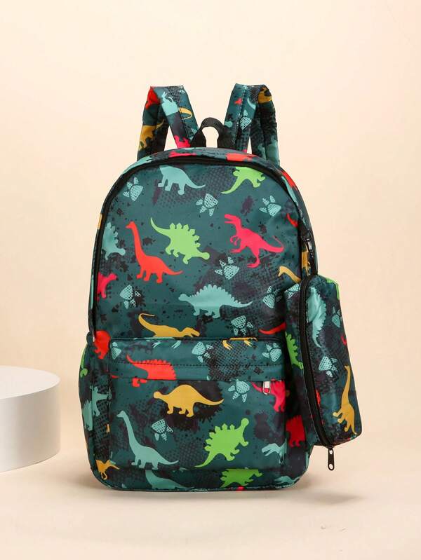 2pcs College Style Fashion Cartoon Dinosaur Print Youth Large Capacity Backpack Back To School Season Schoolbag