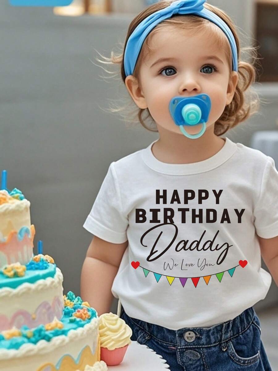 Alles Gute zum Geburtstag, Papa, wir lieben dich! 2025 Neue elastische Baby Mädchen Sommerkleidung, Mädchenbekleidung, Mädchen Kurzarm T-Shirt, Kinder Sommer Oberteile