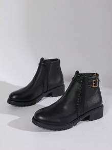 Women's Autumn/Winter Leather Front Zipper Fashion Belt Buckle Thick Heel Round Toe Boots, Breathable Fabric Lining, Flat Comfortable For Long-Time Wear, Versatile For Daily, Party, Travel, Retro British Style