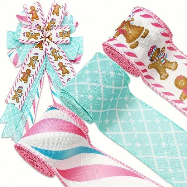 3 rolos de fita de gorgorão listrada xadrez de 6,35 cm (2,5 polegadas) para artesanato, ideal para fazer laços, embalagens DIY e decoração de Natal rosa e azul para o quarto no inverno.