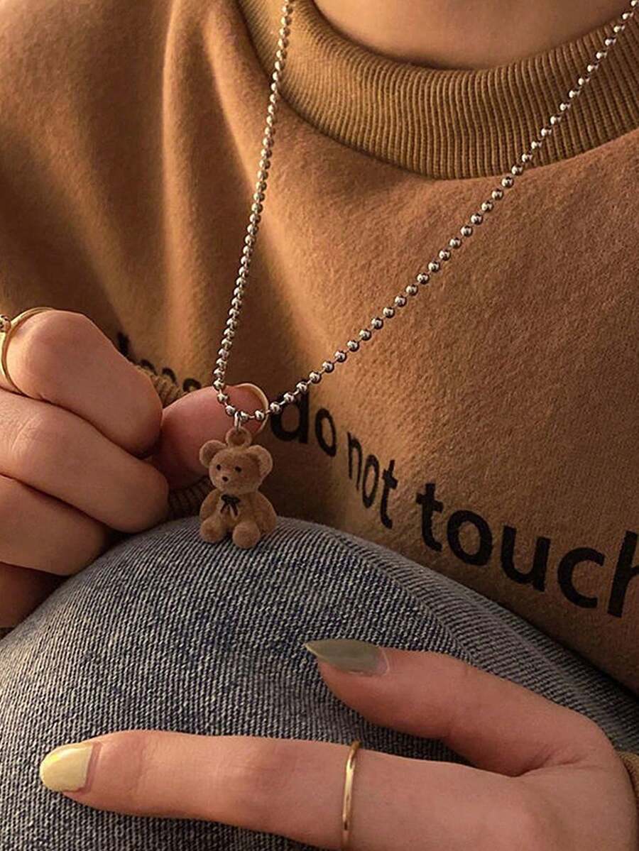 女士泰迪熊項鍊，極簡風格，個性化，原宿風格鎖骨鍊 - 棕色 - 查看 1