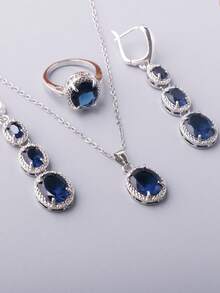 Bộ 4 vòng cổ, hoa tai và nhẫn hình bầu dục màu xanh lá cây ombre - 1 đôi hoa tai, 1 vòng cổ, 1 nhẫn, bộ trang sức hình bầu dục chuyển màu, 3 tùy chọn màu - Xem 5