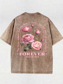 Retro Men's Washed T-Shirts, Street Retro, Men's Washed T-Shirts, Eternal Flower Printing, Flower Printing, Can Be Used As Gifts, Send Friends, Send Family, Novel Styles, Fashion And Versatile. - 卡其色 - 查看 2