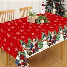 137*220cm Christmas Theme Tablecloth, Vintage Style With Santa Claus Holding Gifts Sitting On Snowy Ground, Cute Snowman And Christmas Tree Elements Design, Plastic Tablecloth, Christmas & New Year Home Decor, Christmas Party & Family Gathering Table Decoration