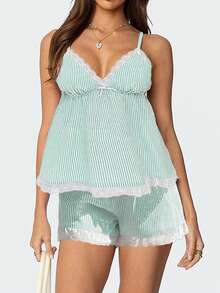 Women's Summer Lounge Set Sleeveless V Neck Cami Tops Lace Trim Shorts Sleepwear - Green (stripes) - View 2
