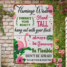 1 semn metalic de tablă 2D retro cu flamingo roz - decor rustic de perete cu citat inspirațional, potrivit pentru casă, baie sau decorare exterioară, design alb învechit, semn și placă perfectă pentru decorarea camerei