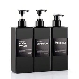 3 piezas Botellas cuadradas negras de 500ml/16.9oz para champú, gel de ducha y cosméticos con etiquetas, botellas de plástico recargables con bomba, dispensador de jabón reutilizable para baño y ducha para gel corporal, champú, acondicionador, loción, artículos de cocina, accesorios de cocina y utensilios de cocina