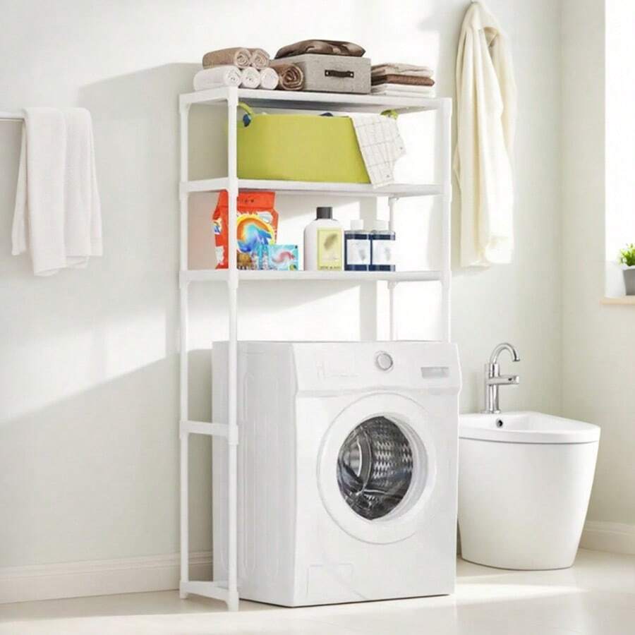 Estante de almacenamiento de baño de una pieza, estante de balcón, estante de lavadora, 2-3 pisos, fácil de instalar, ahorro de espacio, no hay necesidad de perforar el baño, estante de almacenamiento de lavadora, se puede colocar por separado en la lavadora, adecuado para balcón, baño, hogar, etc. - Blanco - Ver 1
