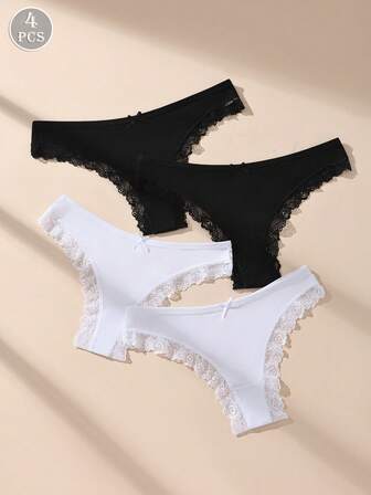 4pcs/Pack Lace Patchwork Sexy Women Thong Panties With Cute Bow, Minimalist & Fashionable Underwear