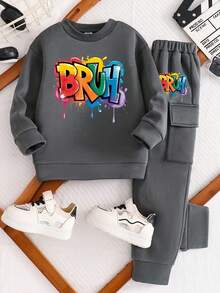 Tween Boy Letter Graphic Print Crew Neck Sweatshirt And Sweatpants Set - Dark Grey - View 1