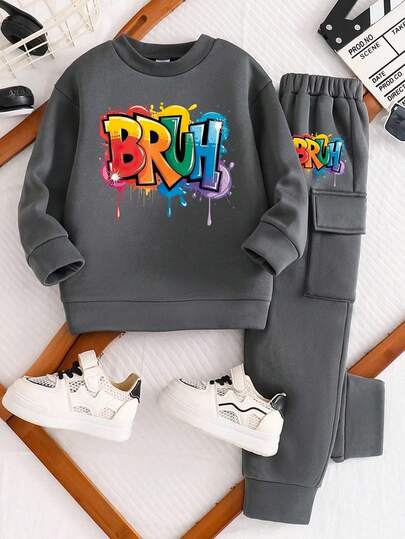 Tween Boy Letter Graphic Print Crew Neck Sweatshirt And Sweatpants Set