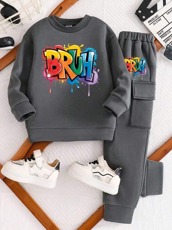 Tween Boy Letter Graphic Print Crew Neck Sweatshirt And Sweatpants Set