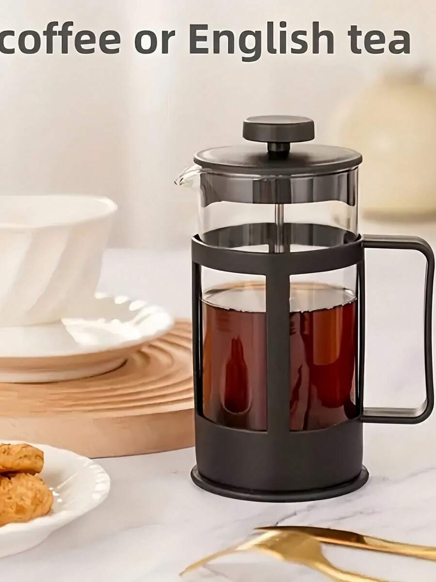 一個法式濾壓咖啡壺，容量可選350毫升//800毫升/600ML/1000ML - 高強度硼矽玻璃壺身，隔熱防燙，不銹鋼濾網，多功能，可用於沖泡咖啡、茶、牛奶 - 適合家庭和辦公室使用，咖啡沖泡 | 現代咖啡壺 | 耐用咖啡壺 - 黑色 - 查看 1