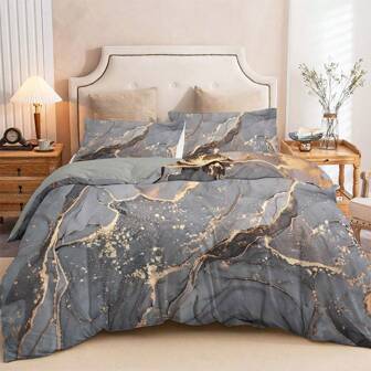 3 件套柔软金色大理石印花羽绒被套 - 时尚舒适的卧室和宿舍床上用品（包括 1 个羽绒被套和 2 个枕套）