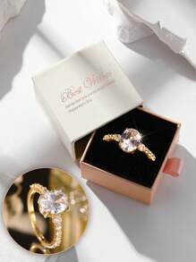 Gift Box Set Luxury Rhinestone Gold Ring, Elegant Oval Gemstone Ring Suitable For Women Wedding, Engagement, Valentine's Day, Birthday Gift