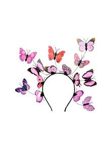 1个塑料蝴蝶发箍头饰帽女士君主茶会头箍爱丽丝梦游仙境帽子服装（同色系蝴蝶，图案随机） - 粉色 - 查看 2