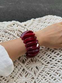 1件/3件套复古几何树脂串珠弹力手链，极简朋克风手镯，女士日常佩戴的迷人饰品（树脂手链存在轻微瑕疵和色差属于正常现象） - 酒紅 - 查看 5