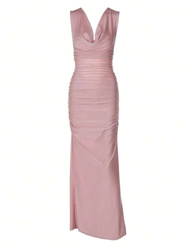 Vestido largo elegante y sexy de Body con espalda descubierta, cuello cruzado y plisado, sin mangas, para fiesta y eventos