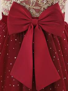 Tween Girls Embroidered Tulle Bow Princess Dress, Suitable For Flower Girl, Birthday Party, Piano Recital, Formal Occasions, Does Not Include Headband - Burgundy - View 7