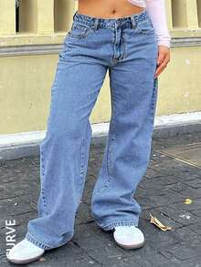 Large Size Women's Simple Casual Loose Straight Tube Y2K Pocket Bow Embroidery Washed Denim Pants - Rửa nhẹ - Xem 6