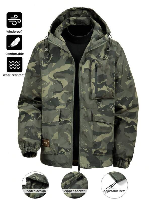 1 Stück Herren Outdoor Camouflage Sportjacke, mit Reißverschlusstaschen, wind- und regenfest, leicht, mit Kapuze, geeignet für Lässig Alltag und Outdoor-Aktivitäten, Frühling/Herbst