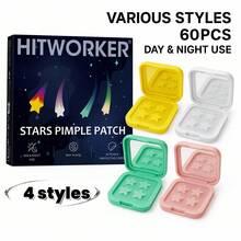 60片装 HITWORKER 星形水胶体贴片 - 温和无刺激，无酒精无香精，适合日夜痘痘贴，适合所有浅肤色，配有便携式镜片盒，面部痘痘贴