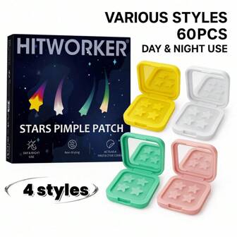 60片装 HITWORKER 星形水胶体贴片 - 温和无刺激，无酒精无香精，适合日夜痘痘贴，适合所有浅肤色，配有便携式镜片盒，面部痘痘贴