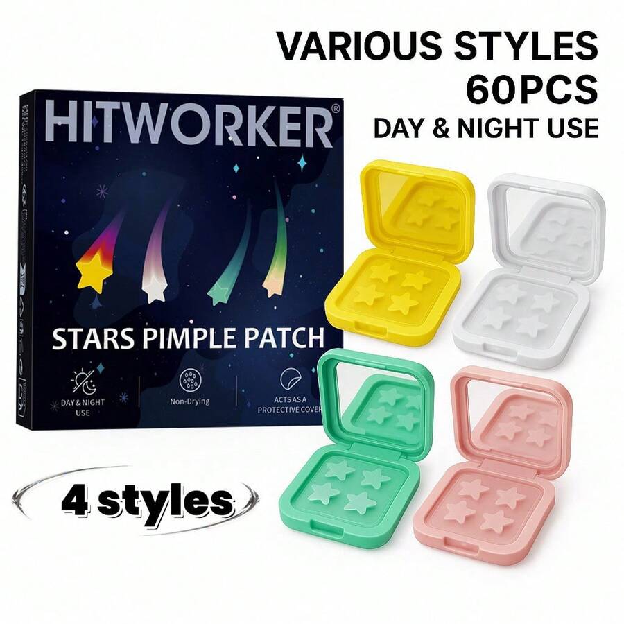 60片装 HITWORKER 星形水胶体贴片 - 温和无刺激，无酒精无香精，适合日夜痘痘贴，适合所有浅肤色，配有便携式镜片盒，面部痘痘贴
