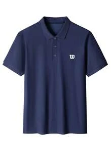 Men's Letter Print Short Sleeve Casual/Work Polo Shirt With Buttons - Navy Blue - View 2