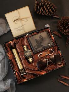 7 件男士奢华商务休闲运动石英表套装 + 太阳镜、钱包、梳子、钥匙扣、贺卡，专为男士设计，必备日常配饰，适合返校、感恩节、周年纪念日、节日礼物 - 黑色 - 查看 14