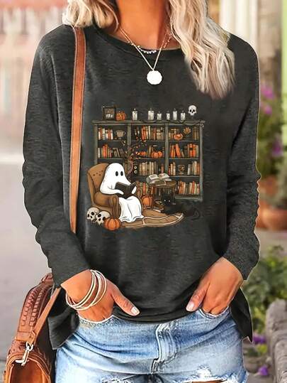 Camiseta de manga larga con cuello redondo y estampado de librería fantasma, camiseta con gato negro, adecuada para Halloween, camiseta de otoño e invierno para mujer, camisetas gráficas para mujer de talla grande