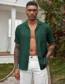 Mens Casual Short Sleeve Button Down Shirts Cuban Linen Textured Shirt Summer Beach Wear-20256688 - 深藍色 - 查看 5
