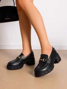 Women Loafers Platform 2.17-Inch Chunky Heel Loafers Pumps Slip-On Comfortable Casual Commute Office Dressy Shoes - 黑色 - 查看 2