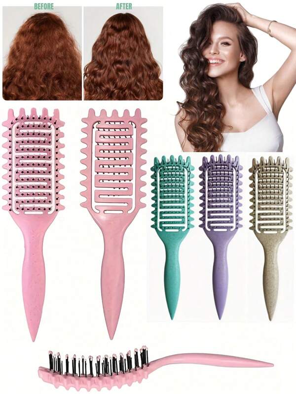 1 pieza Cepillo definidor de cabello rizado - Peine hueco portátil con cerdas de nailon y mango de ABS, multicolor (rosa/rojo/negro/morado/verde) para desenredar y peinar, ideal para todo tipo de cabello, cepillo para cabello rizado, herramienta para desenredar el cabello, cepillo para peinar, cepillo de cabello duradero
