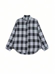 Autumn American Retro Black & White Plaid Shirt, Loose Mid-Length Korean Version Brushed Jacket For Women