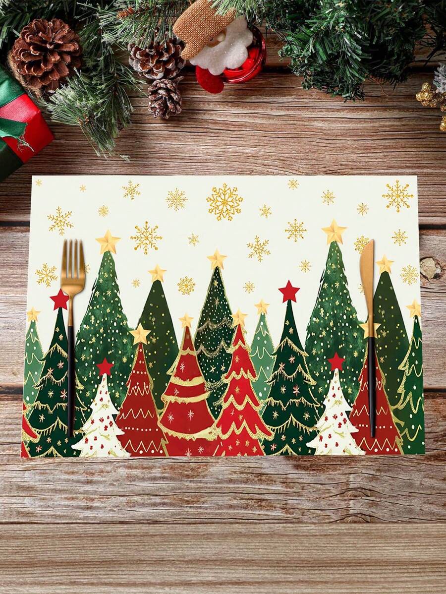 1/2/4 piezas Manteles con tema navideño, diseño de árbol de Navidad vintage, estrella, copo de nieve, manteles de poliéster de 30x45cm, adecuados para la decoración central de la mesa de Navidad, decoración de platos para fiestas navideñas y reuniones familiares