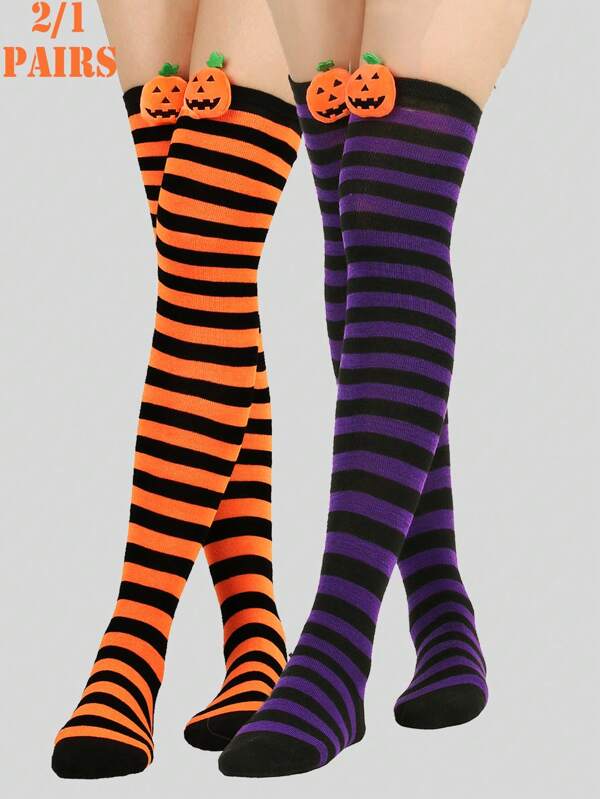2/1 Pair Pumpkin Head Doll Striped Interesting Cute Comfortable Over-The-Knee Socks, Suitable For Party, Cosplay, Halloween, Y2k