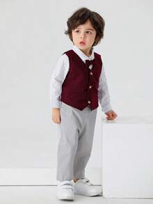 BOARNSEORL 3 件套男婴绅士服装套装：长袖衬衫、蝴蝶结背心和酒红色裤子，适合生日派对、婚礼、周年庆典等场合 - 酒紅色 - 查看 10