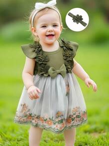Baby Girls Rompers Round Neck Embroidery Jumpsuits With Headband