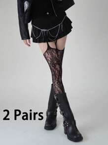 1/2 双花藤吊袜带，女式连体蕾丝提花渔网袜