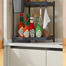 1pc 2-Tier Kitchen Spice Rack, Multifunctional Corner Storage Organizer For Condiments & Cooking Supplies - Black - View 5