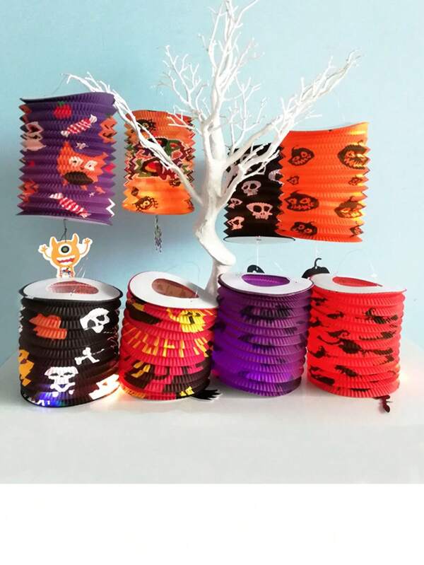 8pcs Halloween Accordion Lanterns Decor, Pumpkin Lantern Hanging Ornaments, Foldable Paper Lanterns