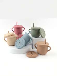 2 Lids Children's Silicone Straw Water Bottle With Snack Lid, Anti-Drop Water Bottle, Baby Double-Ear Silicone Water Bottle, Silicone Learning Drinking - Multicolor - View 4