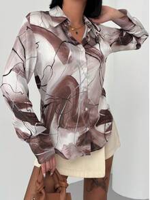 Women's Casual All-Over Print Front Button Long Sleeve Loose Shirt, Summer - Brown - View 3