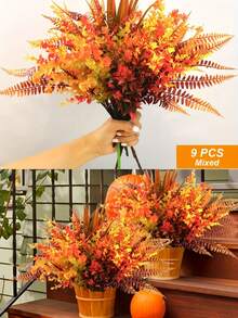 9pcs Fall Gorgeous Artificial Flower Set - UV Resistant, Lifelike Fall Artificial Plants For Indoor/Outdoor Decorations - Perfect For Thanksgiving And Christmas, Durable Home Decor, Artificial Plants For Home Decor, Fall Home Decor