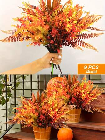 9pcs Fall Gorgeous Artificial Flower Set - UV Resistant, Lifelike Fall Artificial Plants For Indoor/Outdoor Decorations - Perfect For Thanksgiving And Christmas, Durable Home Decor, Artificial Plants For Home Decor, Fall Home Decor