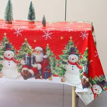 137*220cm Christmas Theme Tablecloth, Vintage Style With Santa Claus Holding Gifts Sitting On Snowy Ground, Cute Snowman And Christmas Tree Elements Design, Plastic Tablecloth, Christmas & New Year Home Decor, Christmas Party & Family Gathering Table Decoration